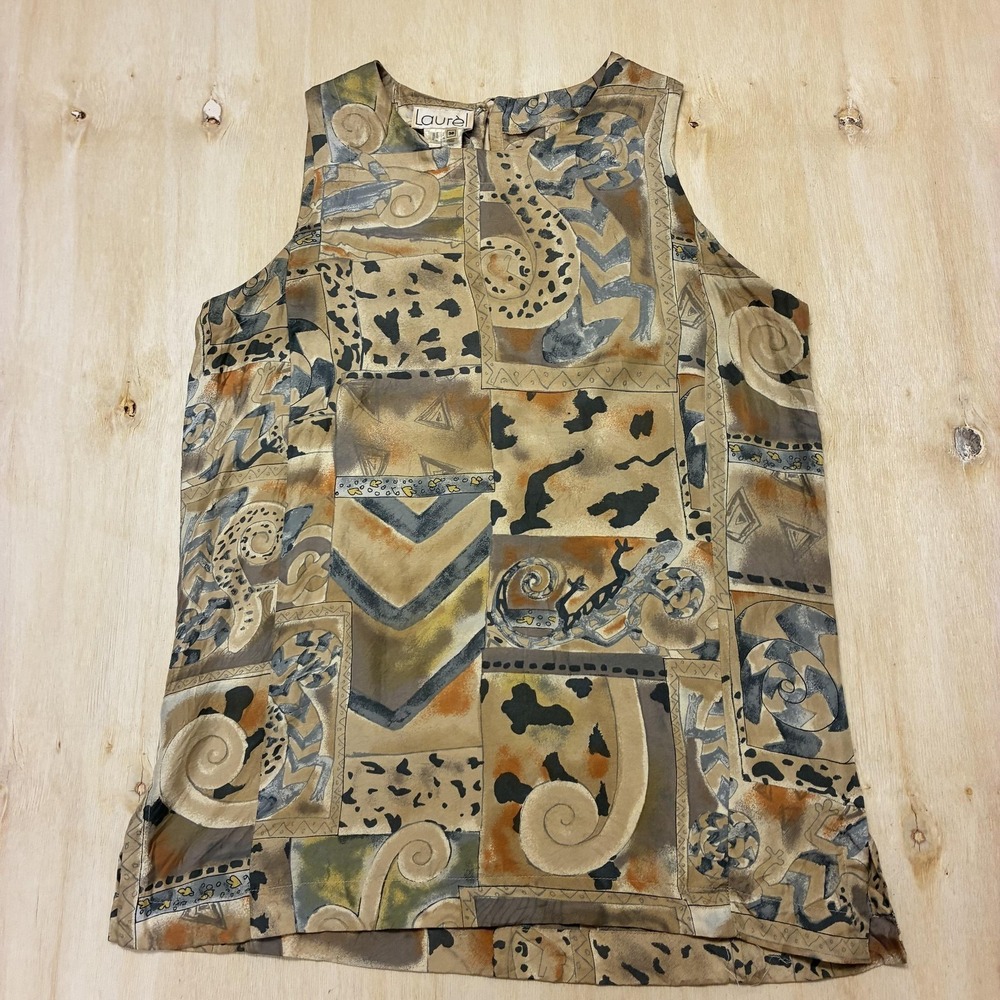 Vintage Laurèl Tank Top Womens 38 Brown Silk Geometric Print Sleeveless Casual